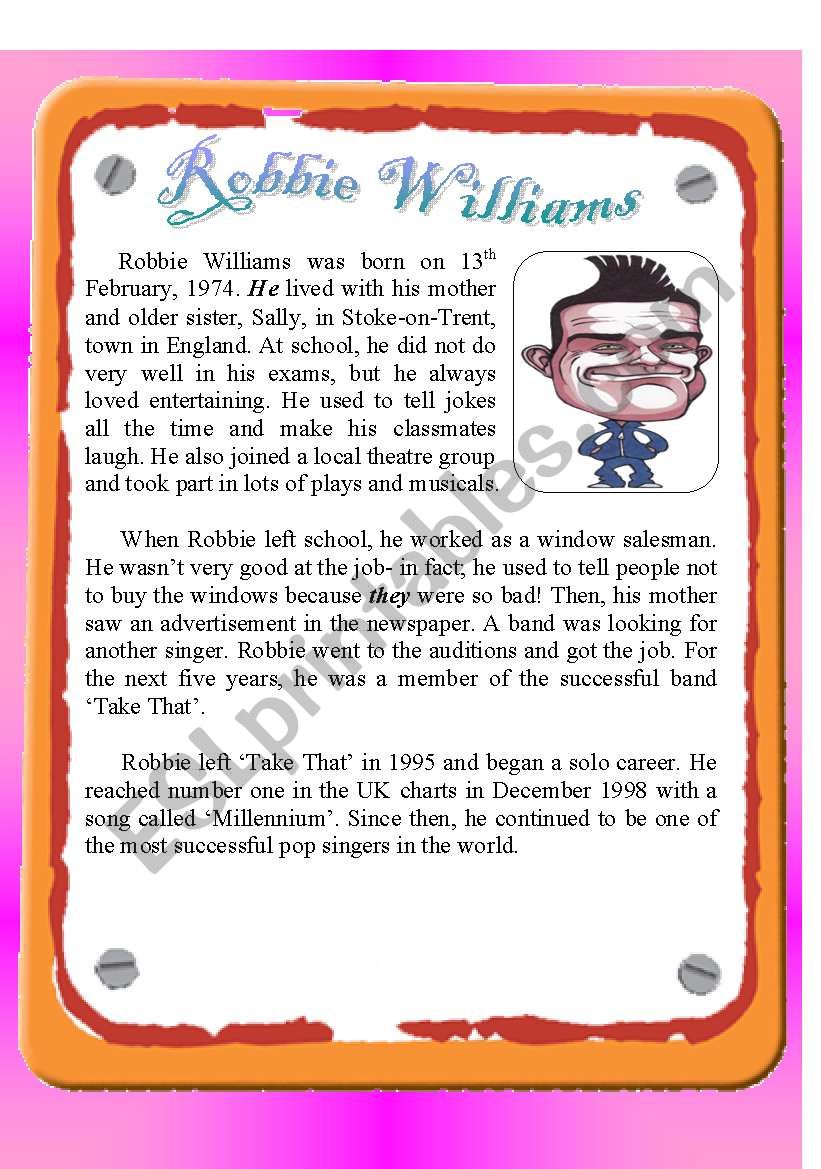 Reading - Robbie Williams worksheet