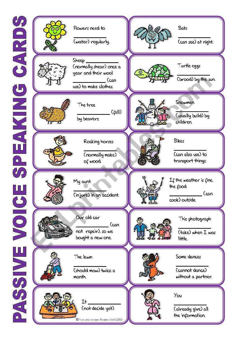 SET 2: Passive voice / tenses / adverbs of frequency / irregular verbs / modals - worksheet OR speaking activity (purple series)