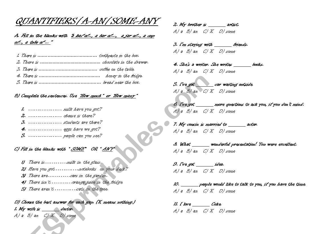 QUANTIFIERS/SOME-ANY/A-AN worksheet