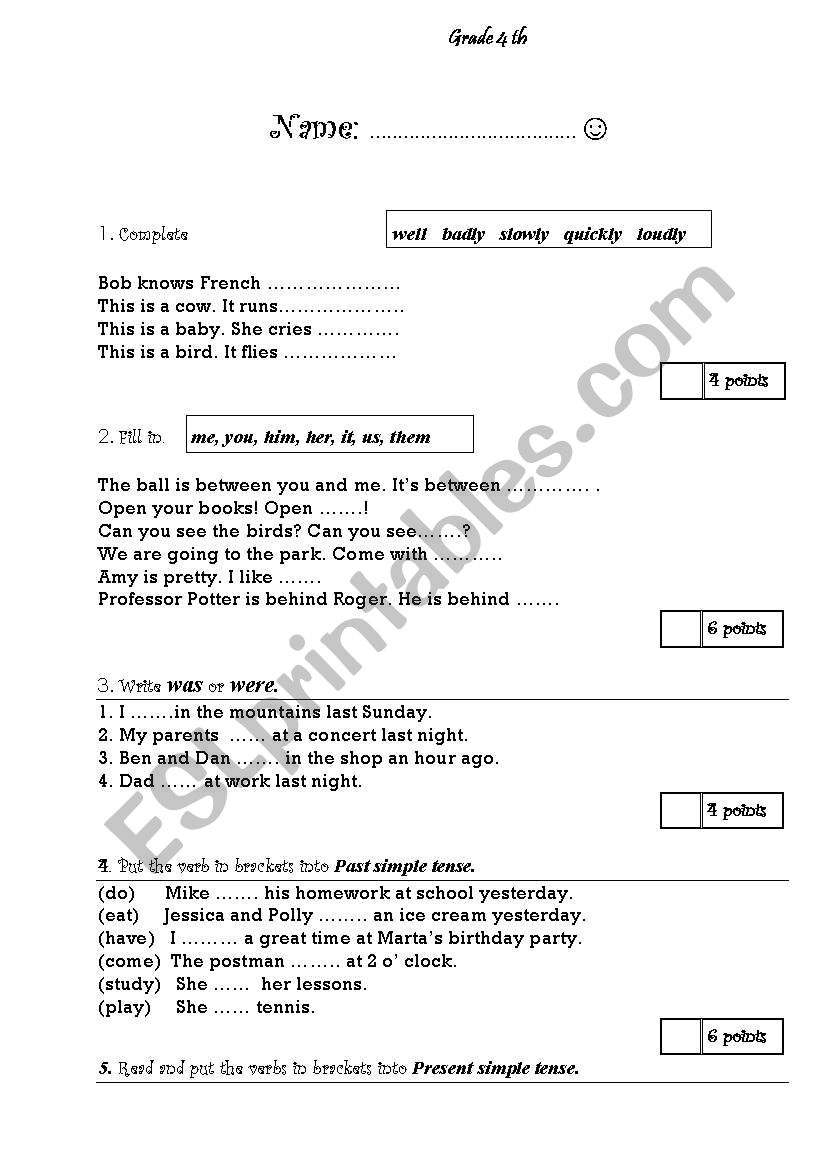 English grammar test 4th grade