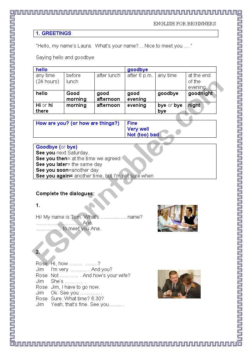 Greetings worksheet for adult beginners