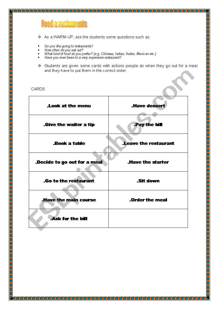 Eating out (card activity) worksheet