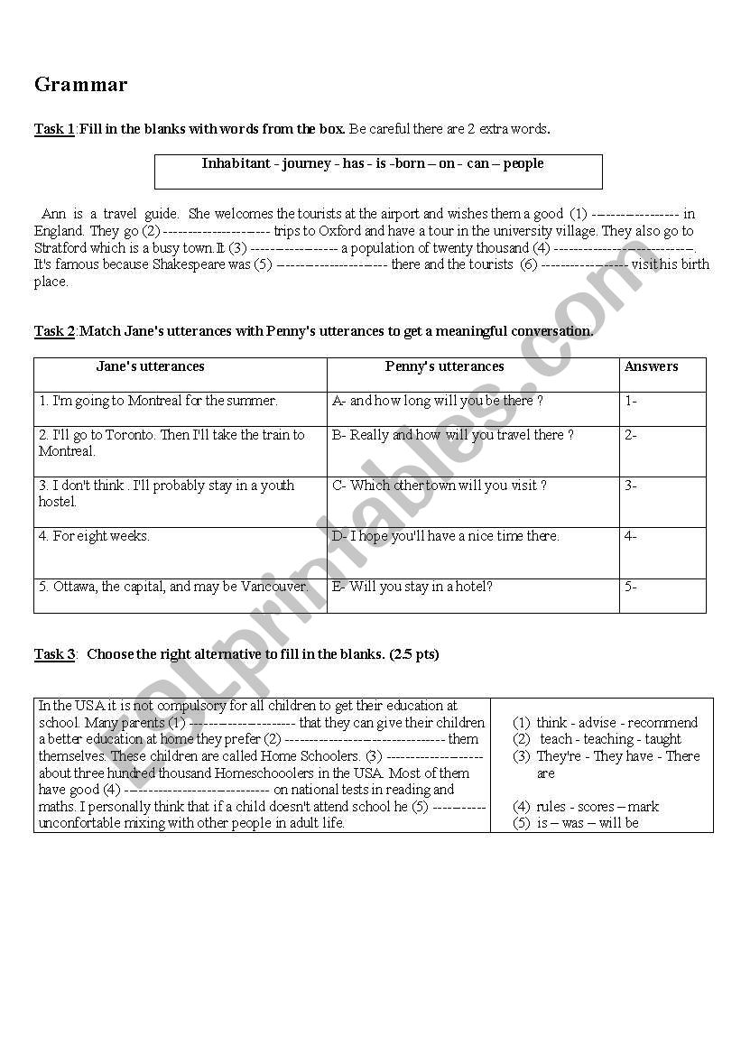 grammar test worksheet