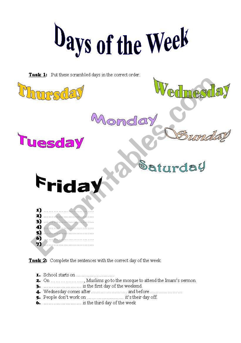 Days of the week worksheet