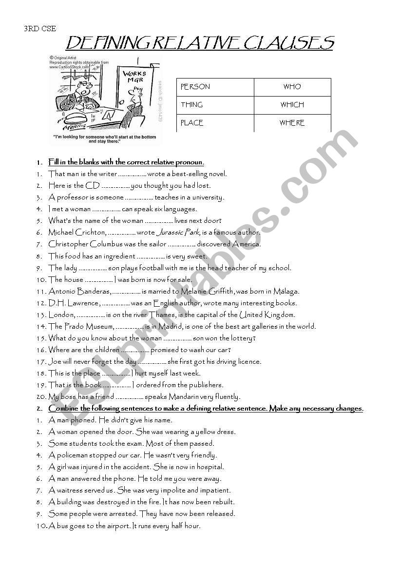 Defining Relative pronouns worksheet