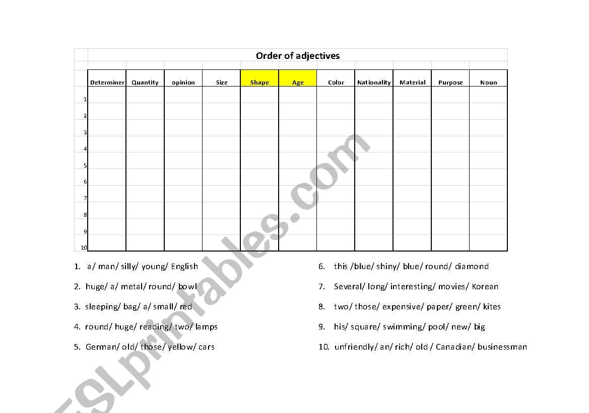 order of adjective worksheet