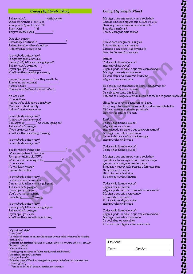 Song worksheet - Crazy (by Simple Plan)