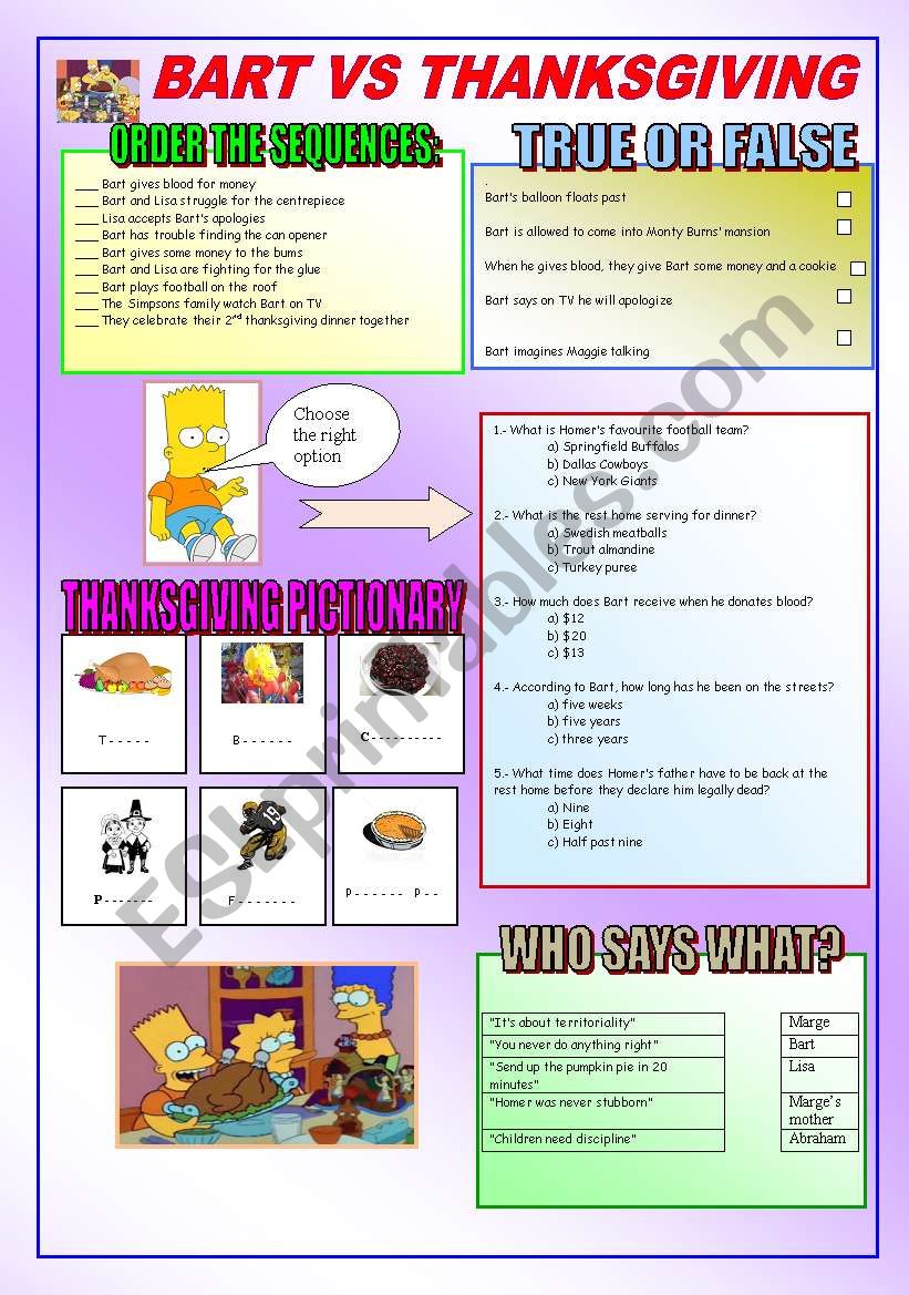 BART vs THANKSGIVING worksheet