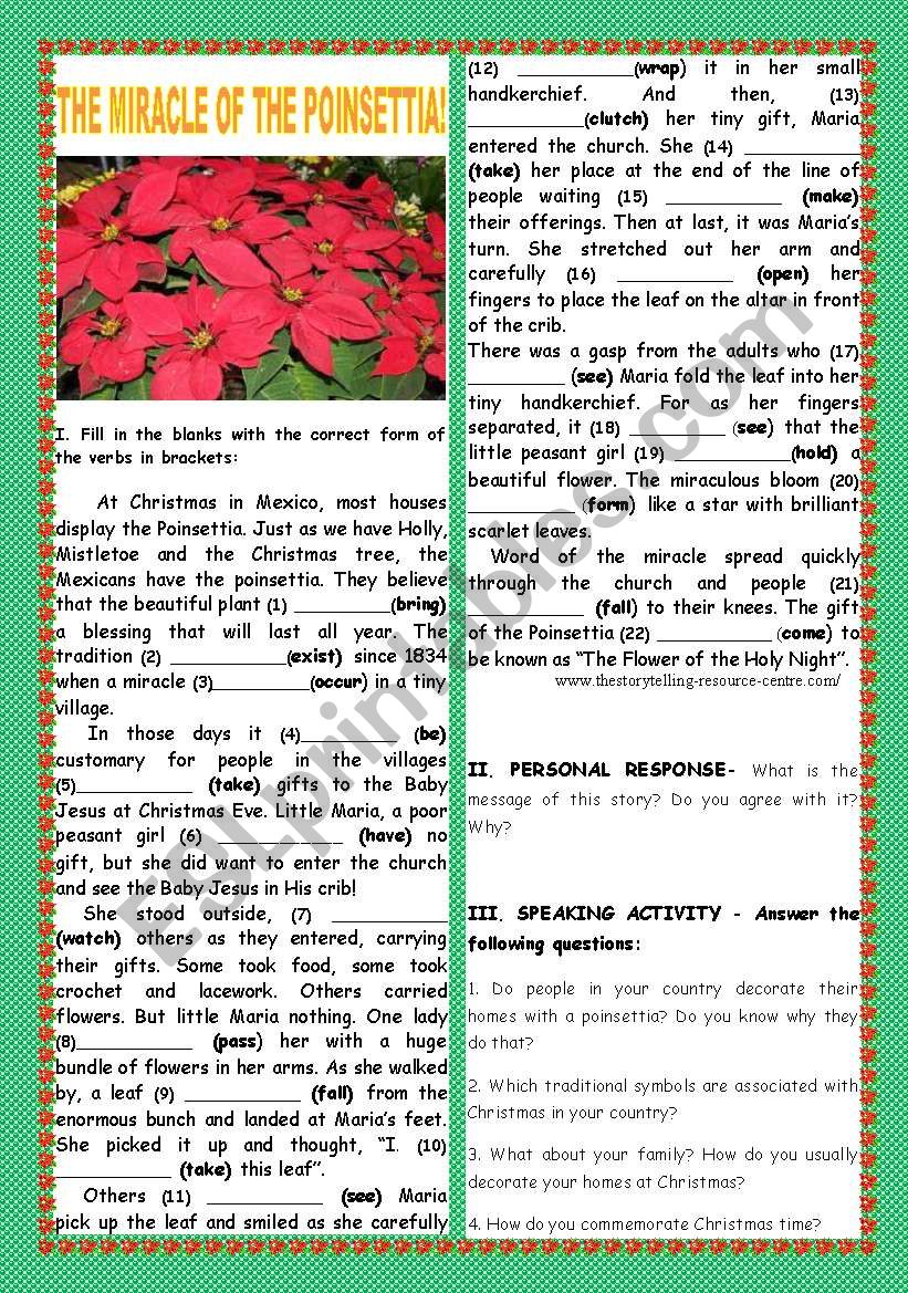 THE MIRACLE OF THE POINSETTIA worksheet