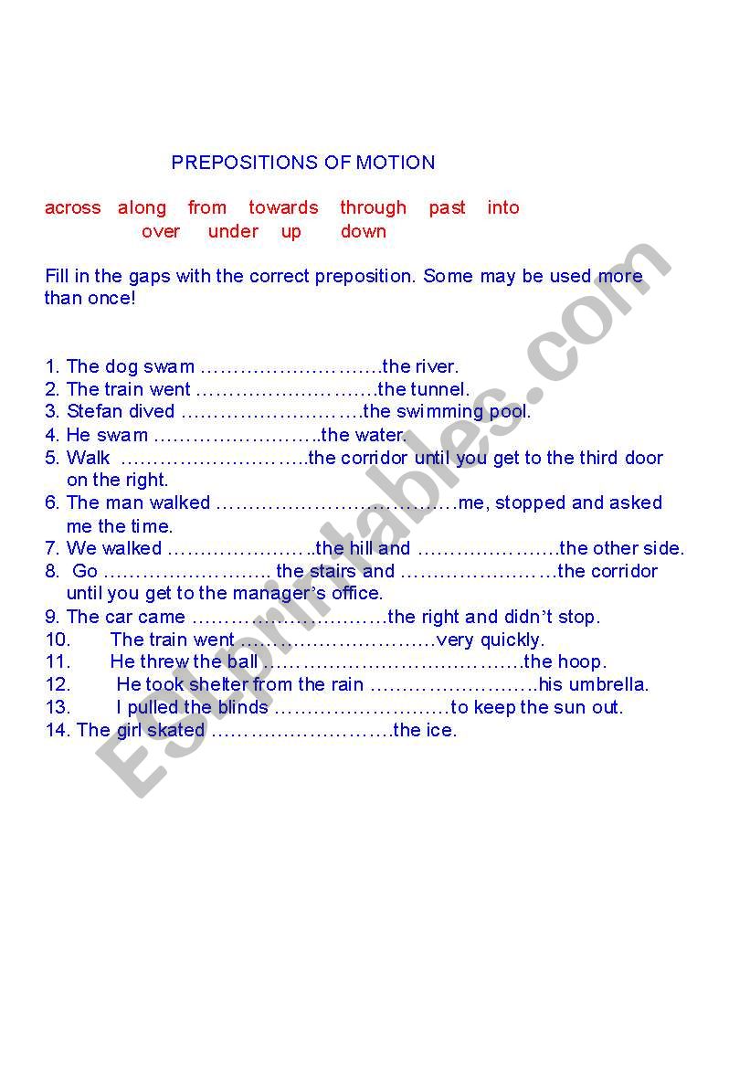 PREPOSITIONS OF MOTION worksheet