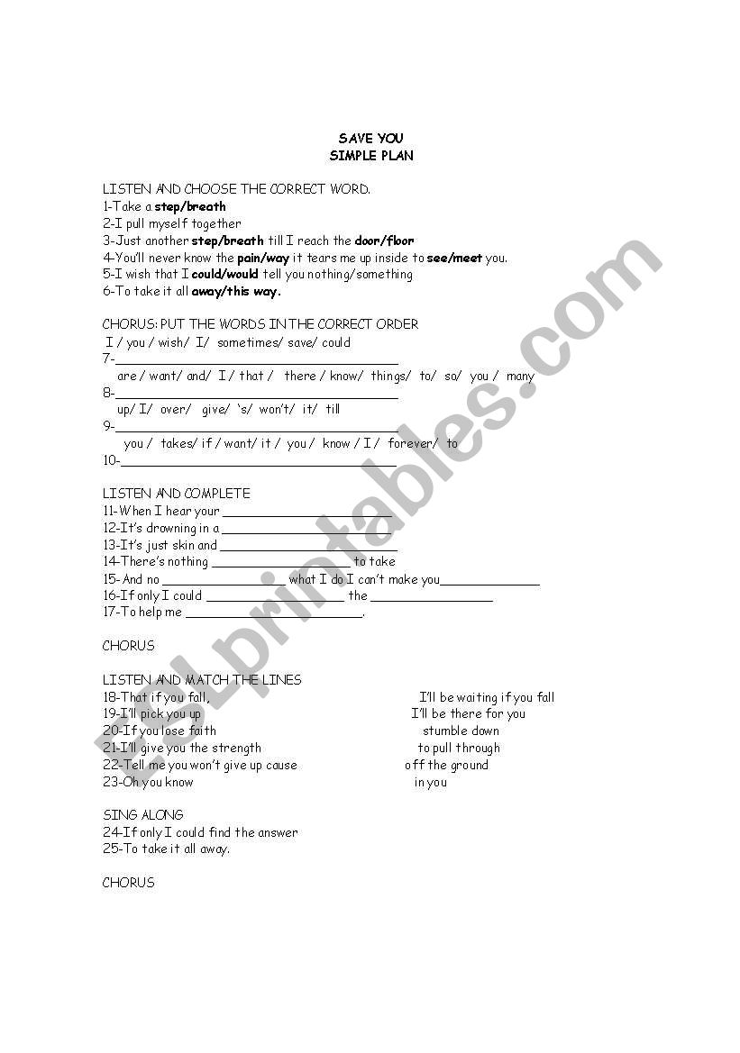 Save you  by Simple Plan worksheet