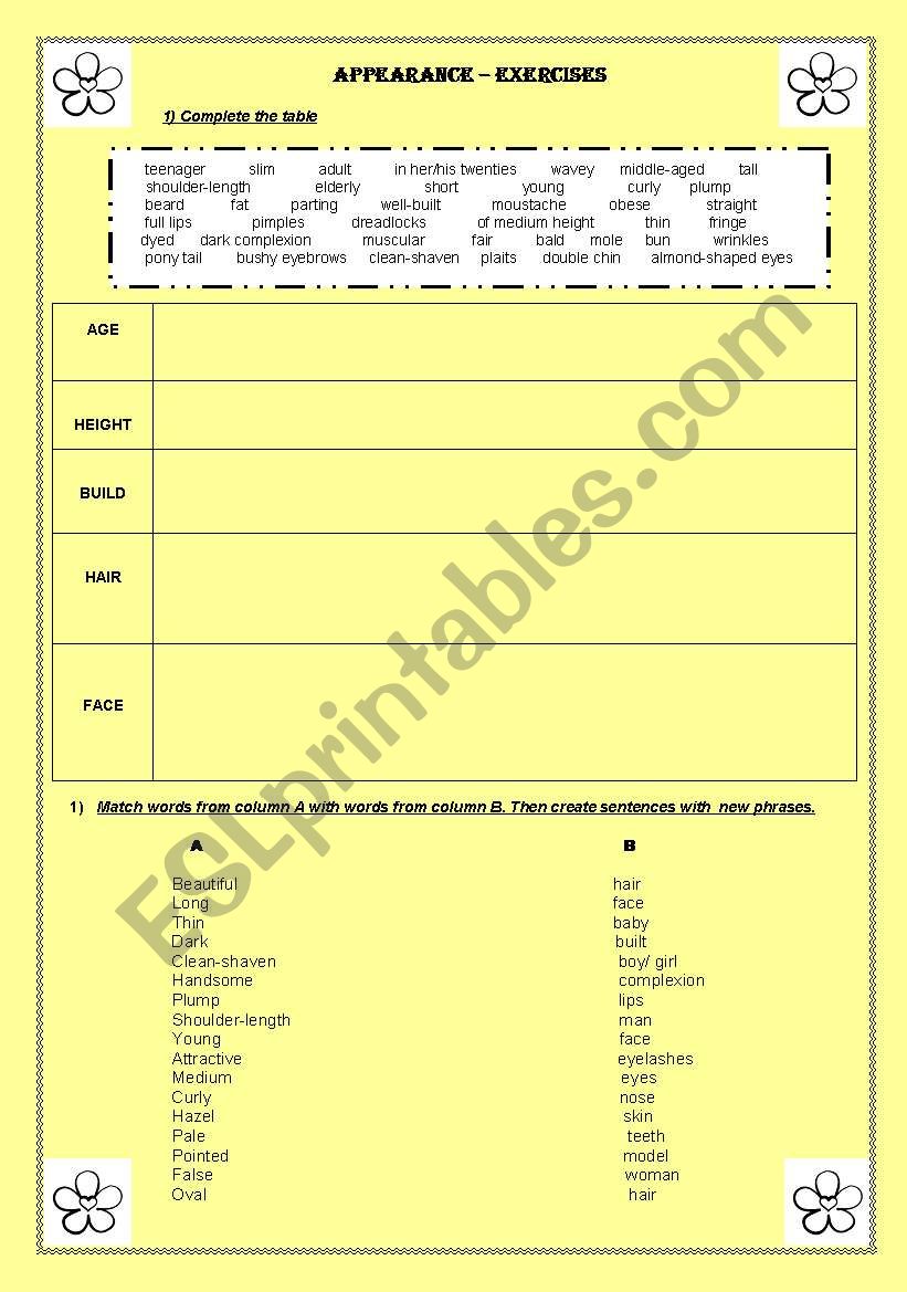 Appearance - exercises worksheet