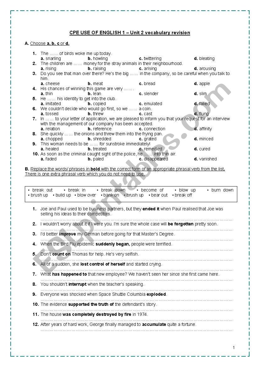 CPE USE OF ENGLISH 1 - Unit 2 vocabulary revision (idioms, collocations, phrasal verbs, words with multiple meanings, fixed phrases, derivatives, transformations)+TEACHER´S KEY * FULLY EDITABLE* CPE USE OF ENGLISH 1 - Unit 2 vocabulary revision (idioms, collocations, phrasal verbs, words with multiple meanings, fixed phrases, derivatives, transformations)+TEACHER´S KEY * FULLY EDITABLE*