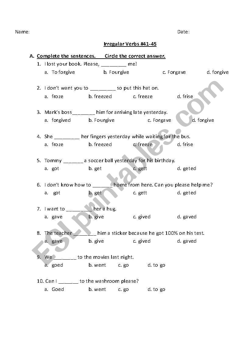 Irregular Verbs Multiple Choice Worksheets