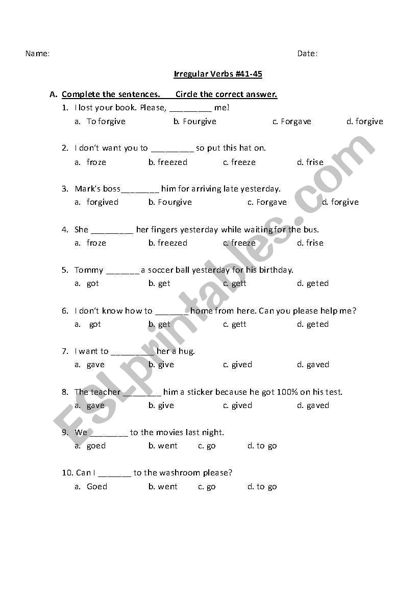 English Worksheets Multiple Choice Irregular Verb Test