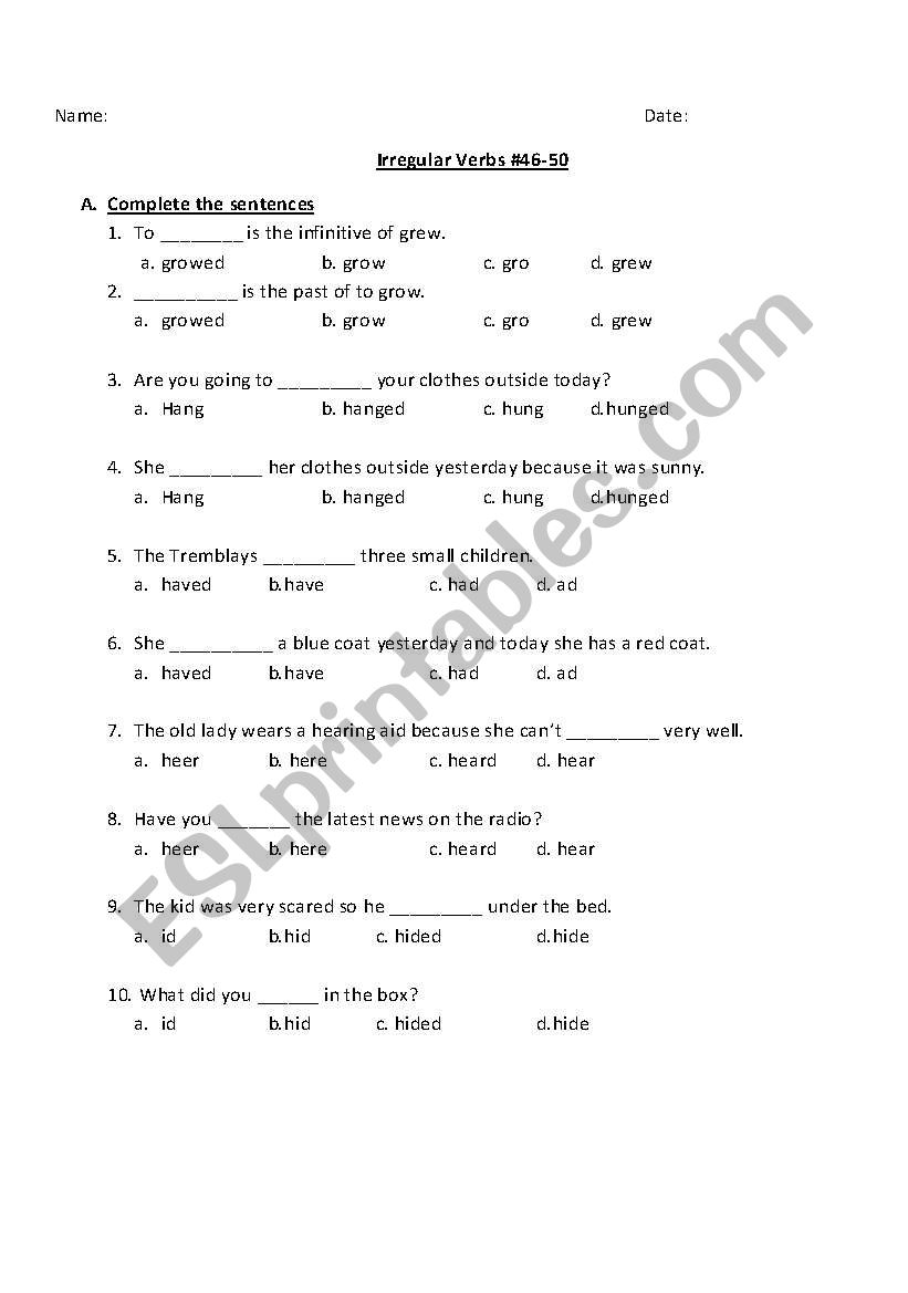 irregular verbs worksheet