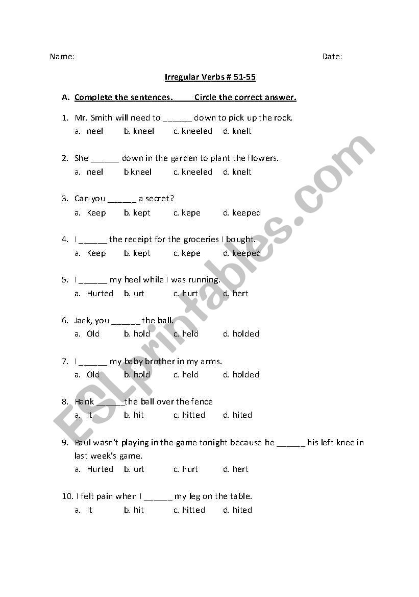 irregular verbs  worksheet