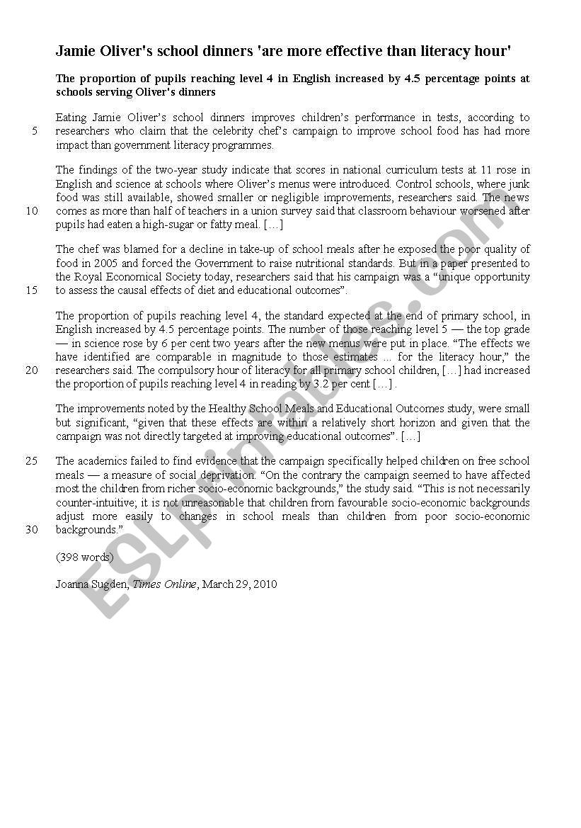 Jamie OliverÂ´s school dinners Â´are more effective than literacy hourÂ´: course exam