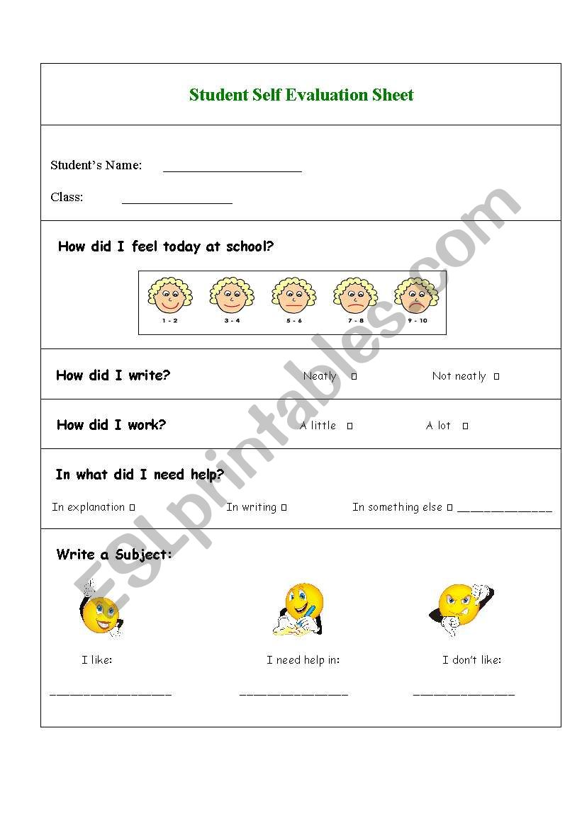 Students Self Evaluation Sheet