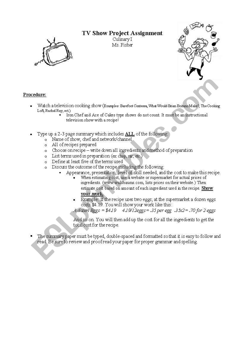 Culinary TV Show Project worksheet