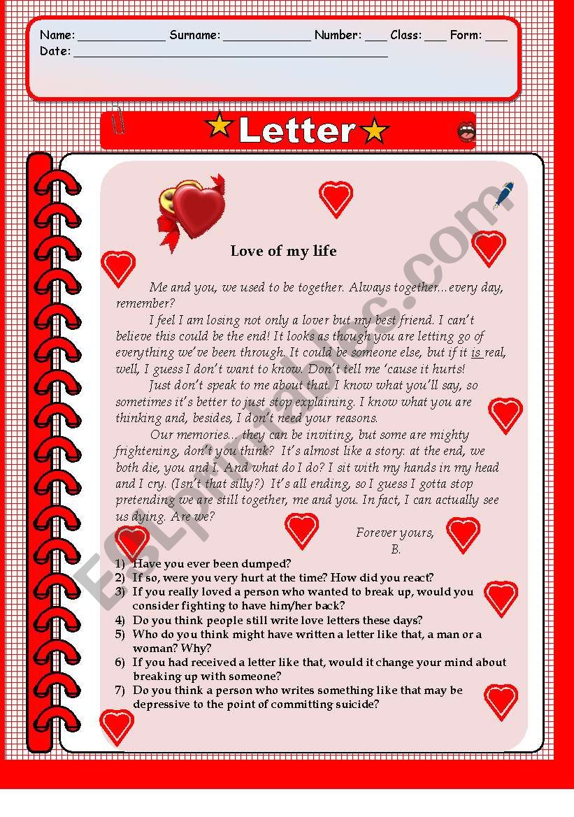 Love my live- letter worksheet