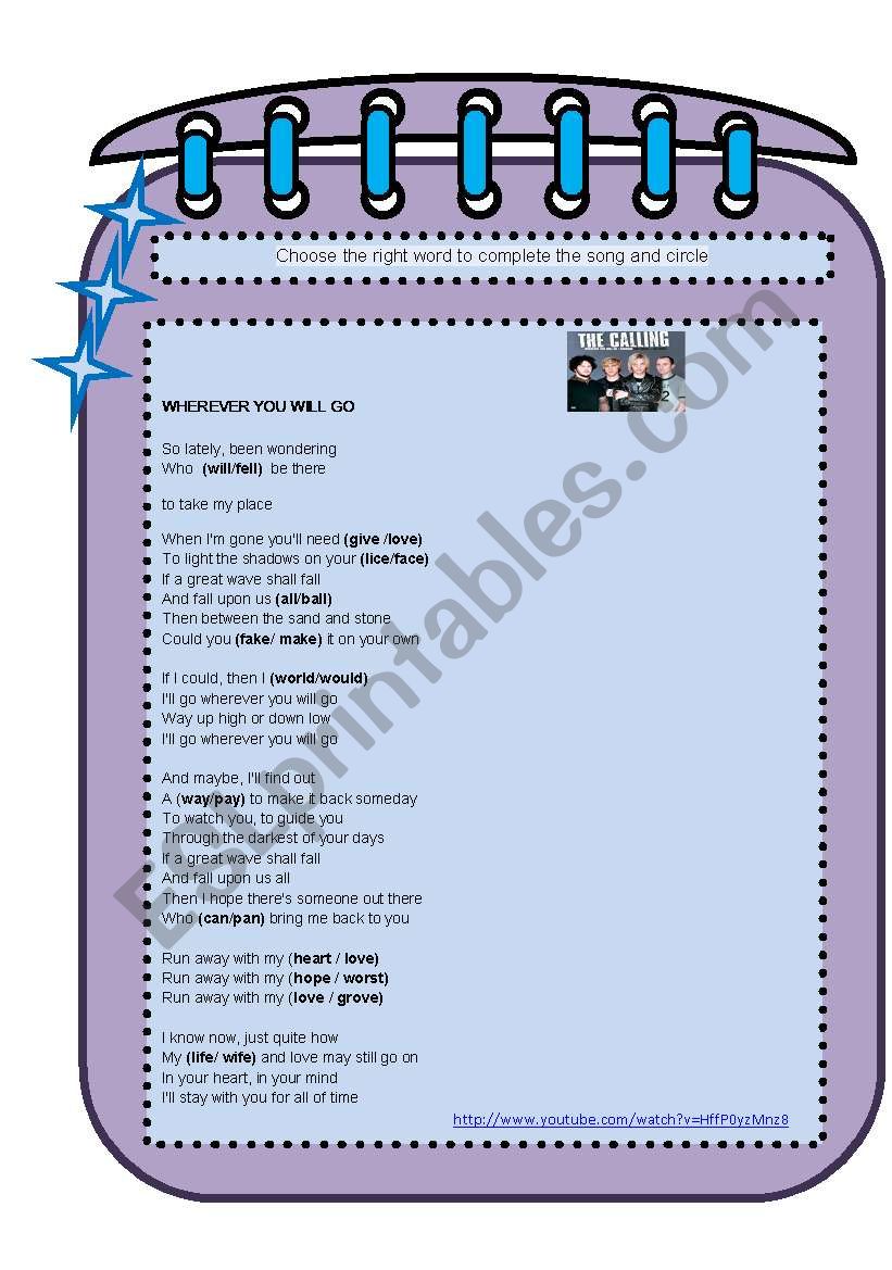 song-the-calling-wherever-you-will-go-esl-worksheet-by-paulinha77
