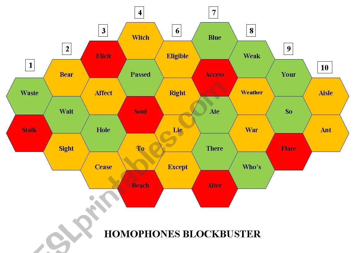 HOMOPHONES BLOCKBUSTER GAME worksheet