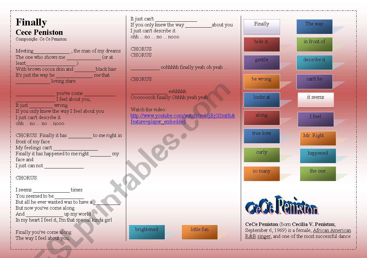 SONG: Finally - Cece Peniston worksheet