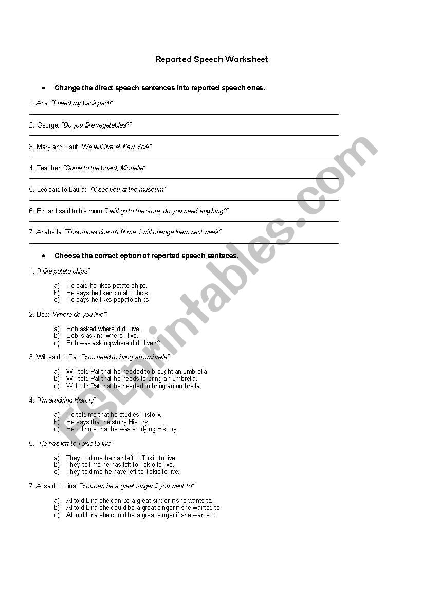 Reported Speech worksheet