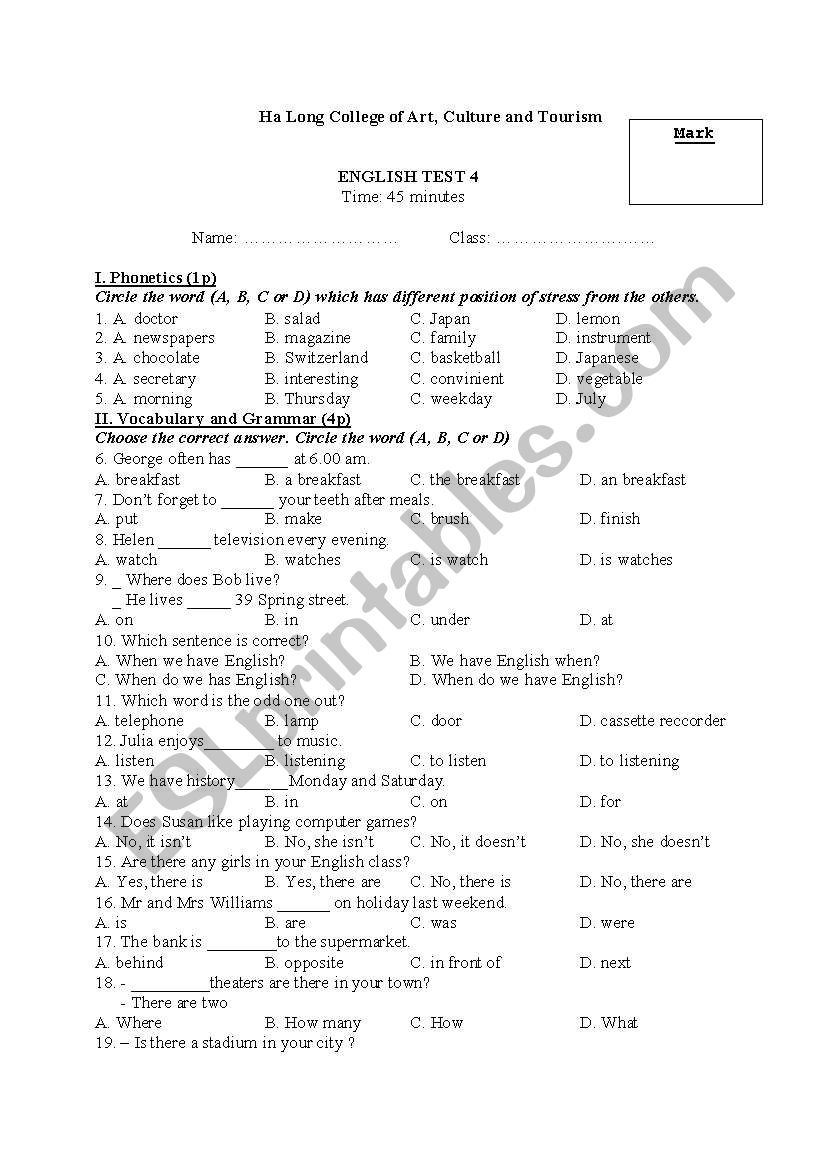 English written test worksheet
