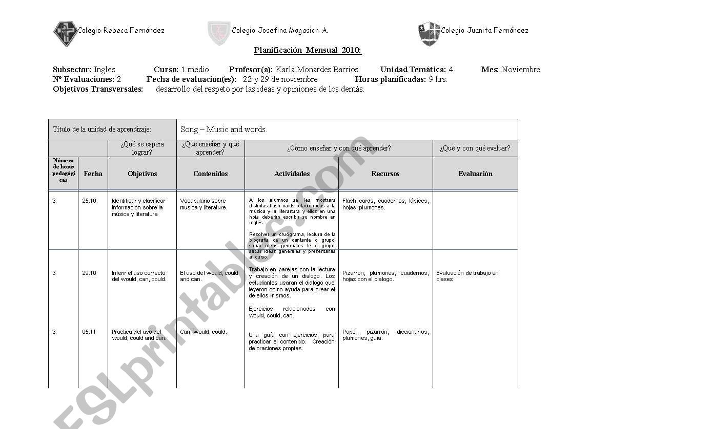 Planification worksheet