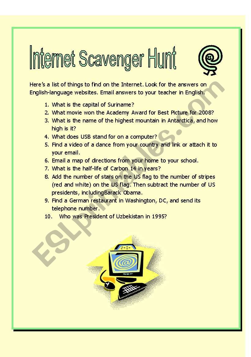 Internet Scavenger Hunt - ESL worksheet by MoodyMoody Within Internet Scavenger Hunt Worksheet