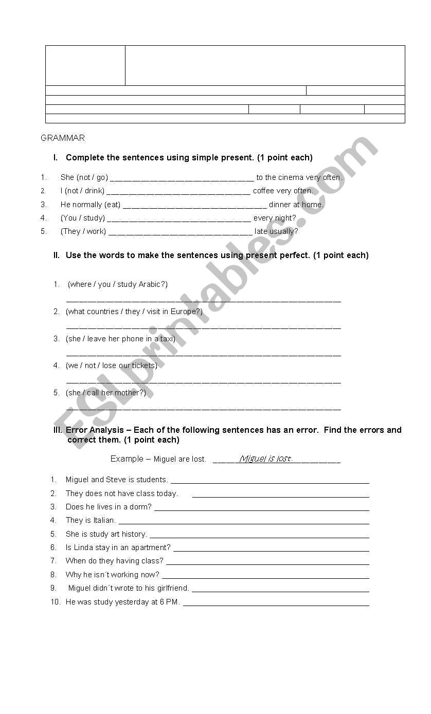 Exam worksheet