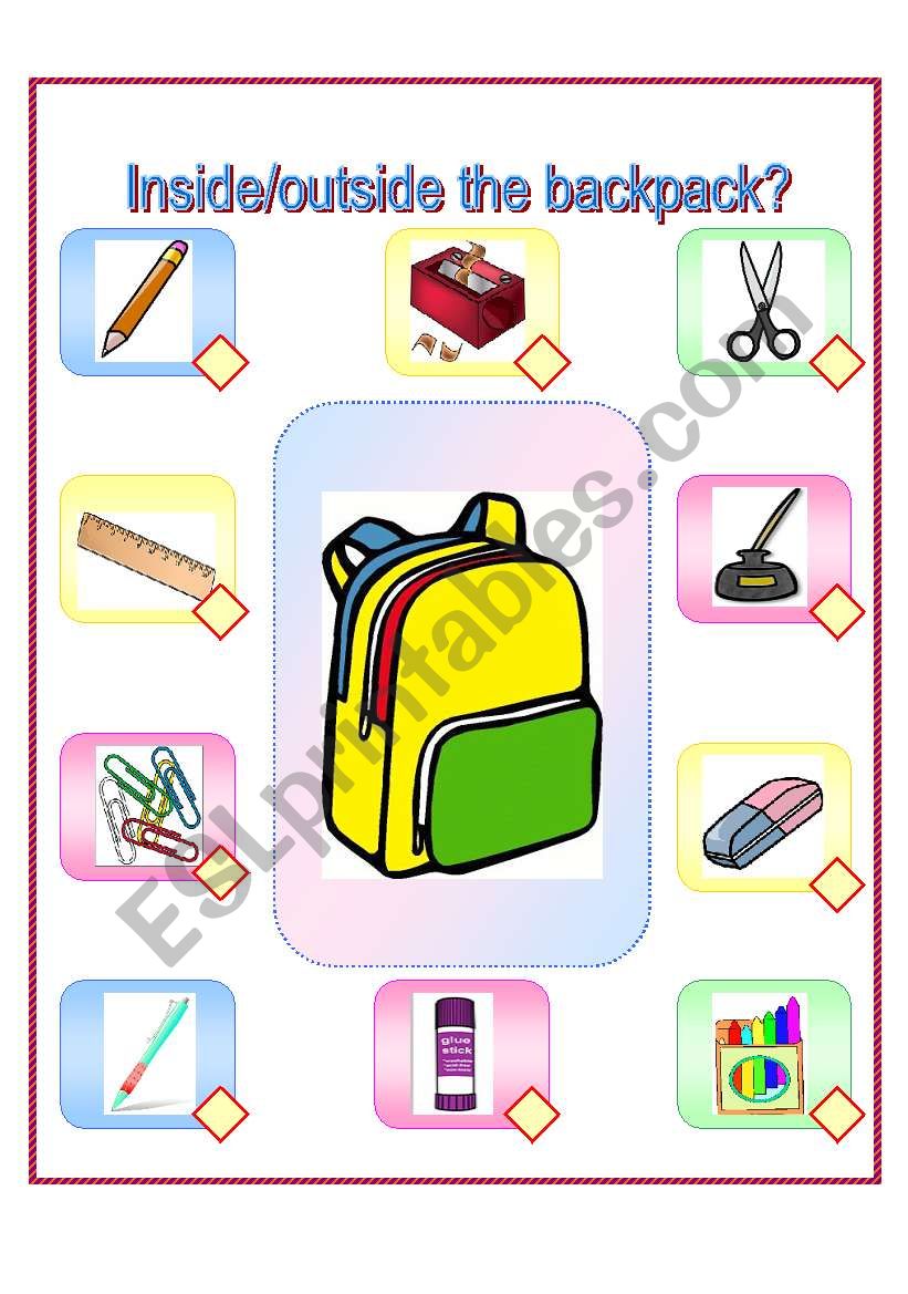 inside/outside the backpack? worksheet