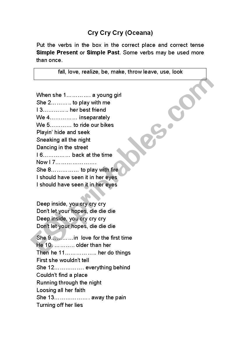 Cry, Cry, Cry worksheet