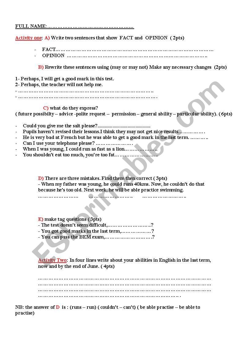EXAM worksheet