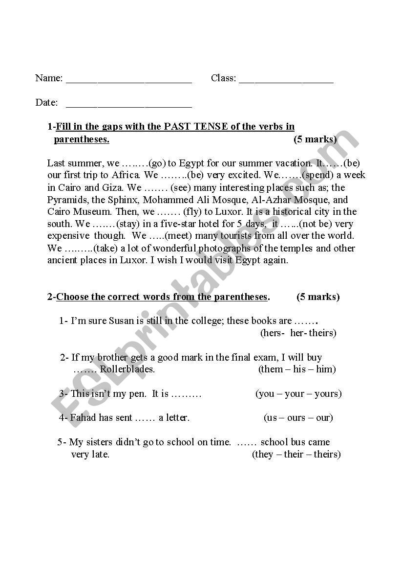 Exam paper for elementary students