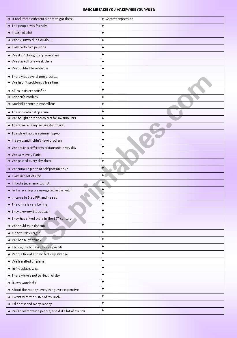 Basic Level Writing Mistakes worksheet