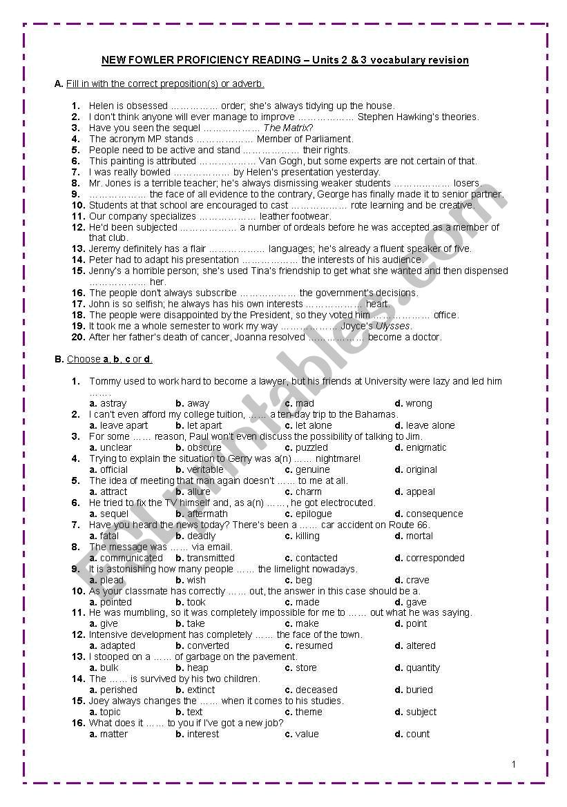 Vocabulary (idioms, fixed phrases, collocations, phrasal verbs, derivatives) revision for Units 2 & 3 of NEW FOWLER PROFICIENCY READING + TEACHERS KEY * FULLY EDITABLE*