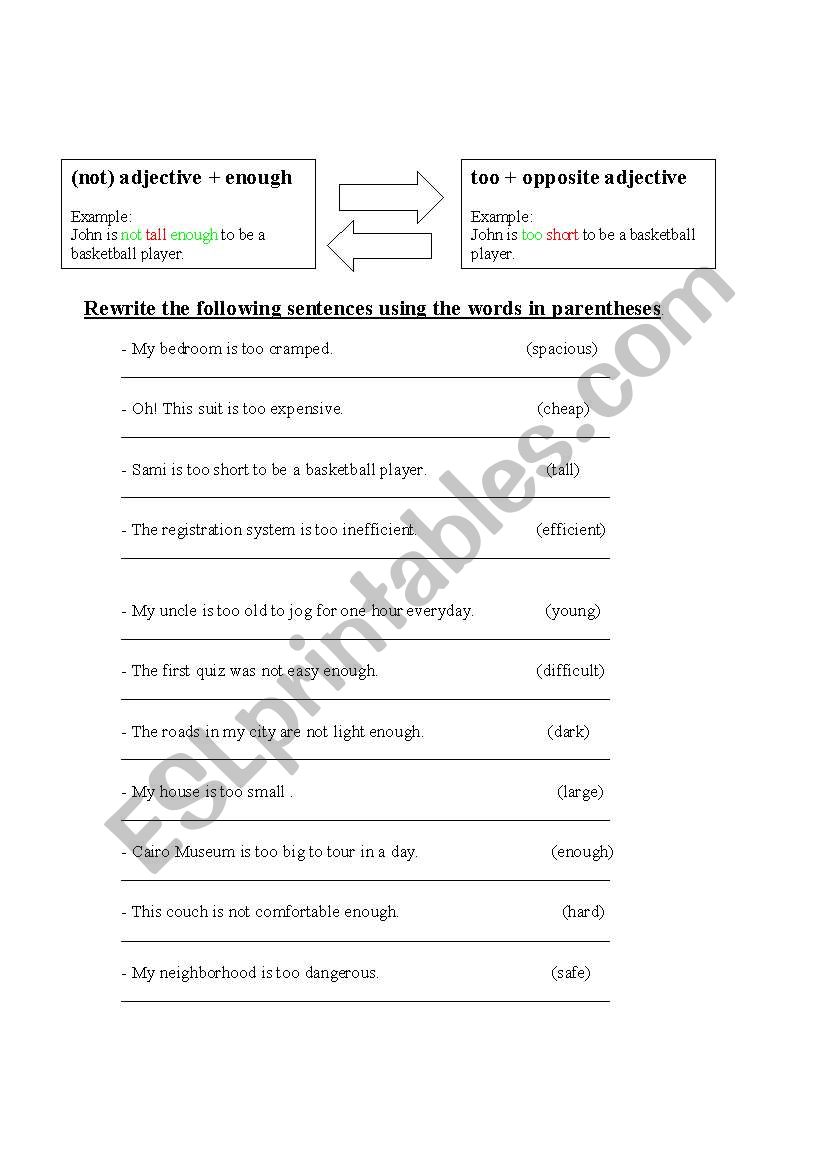 Enough vs Too worksheet