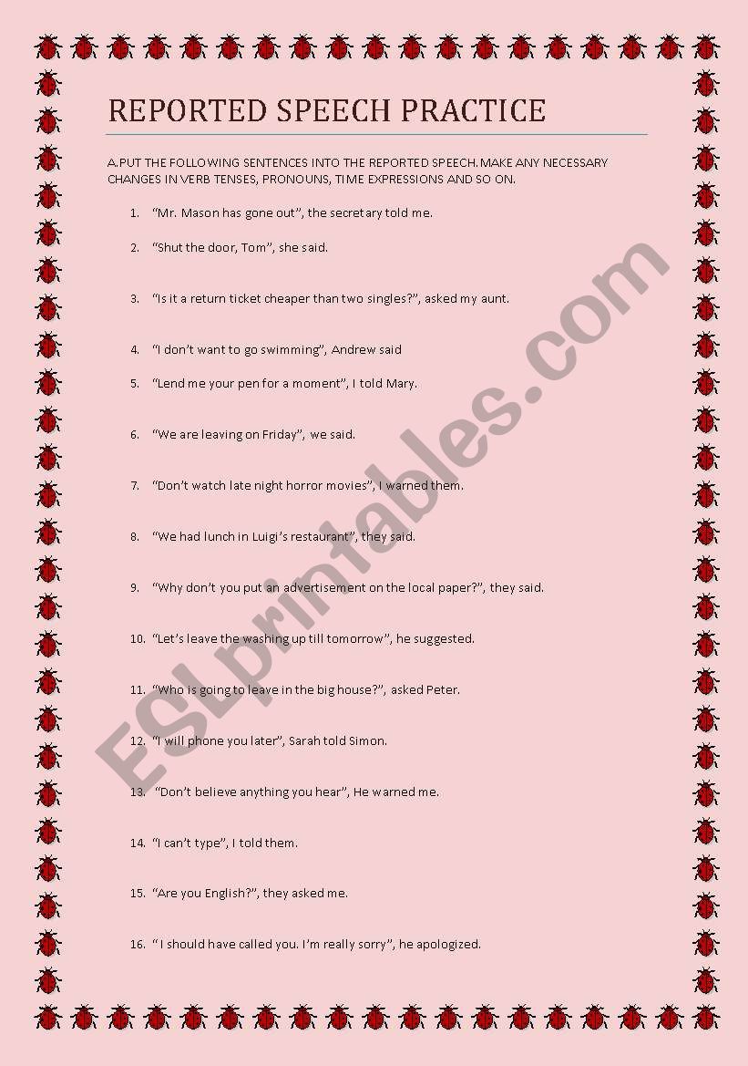 REPORTED SPEECH PRACTICE worksheet