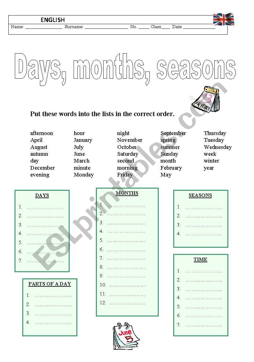 Days, months, seasons worksheet
