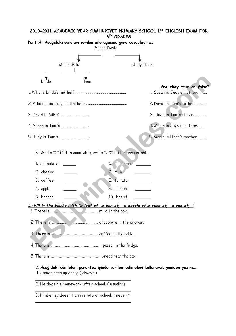 6th classes 1st English exam worksheet