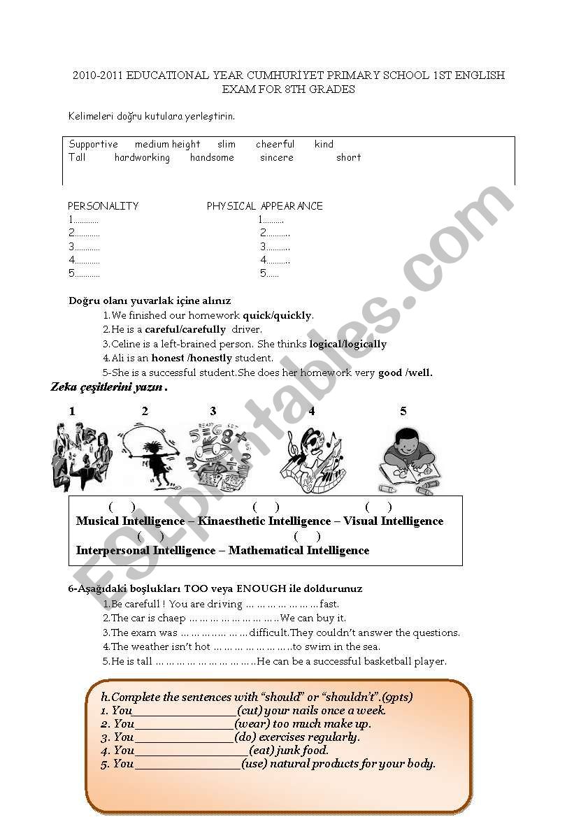 8th Grade 1st Exam worksheet