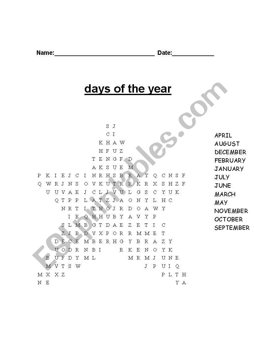 days of year worksheet