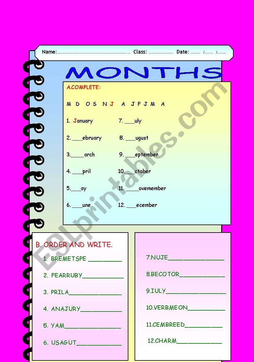 months worksheet