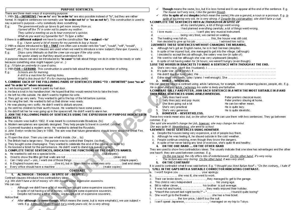 Purpose and Contrast Clauses worksheet