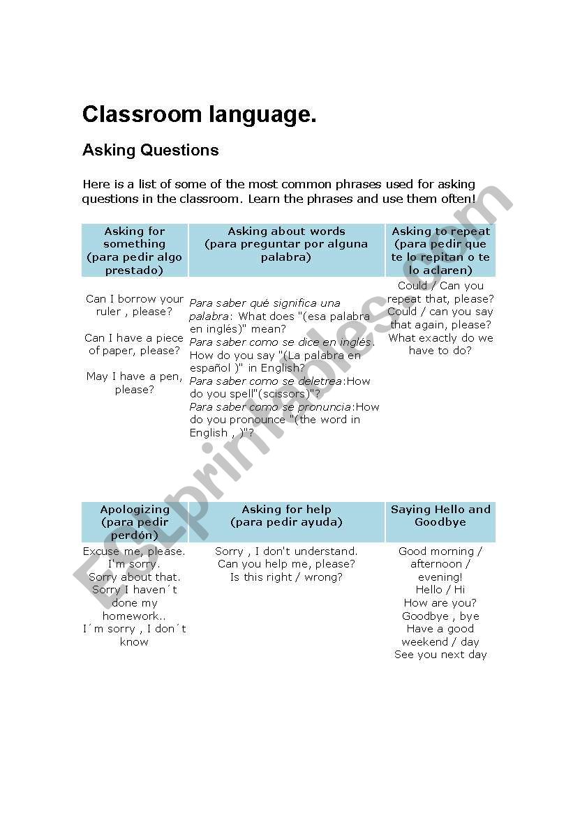 Language classroom worksheet