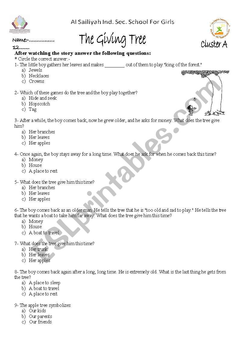 the giving tree worksheet