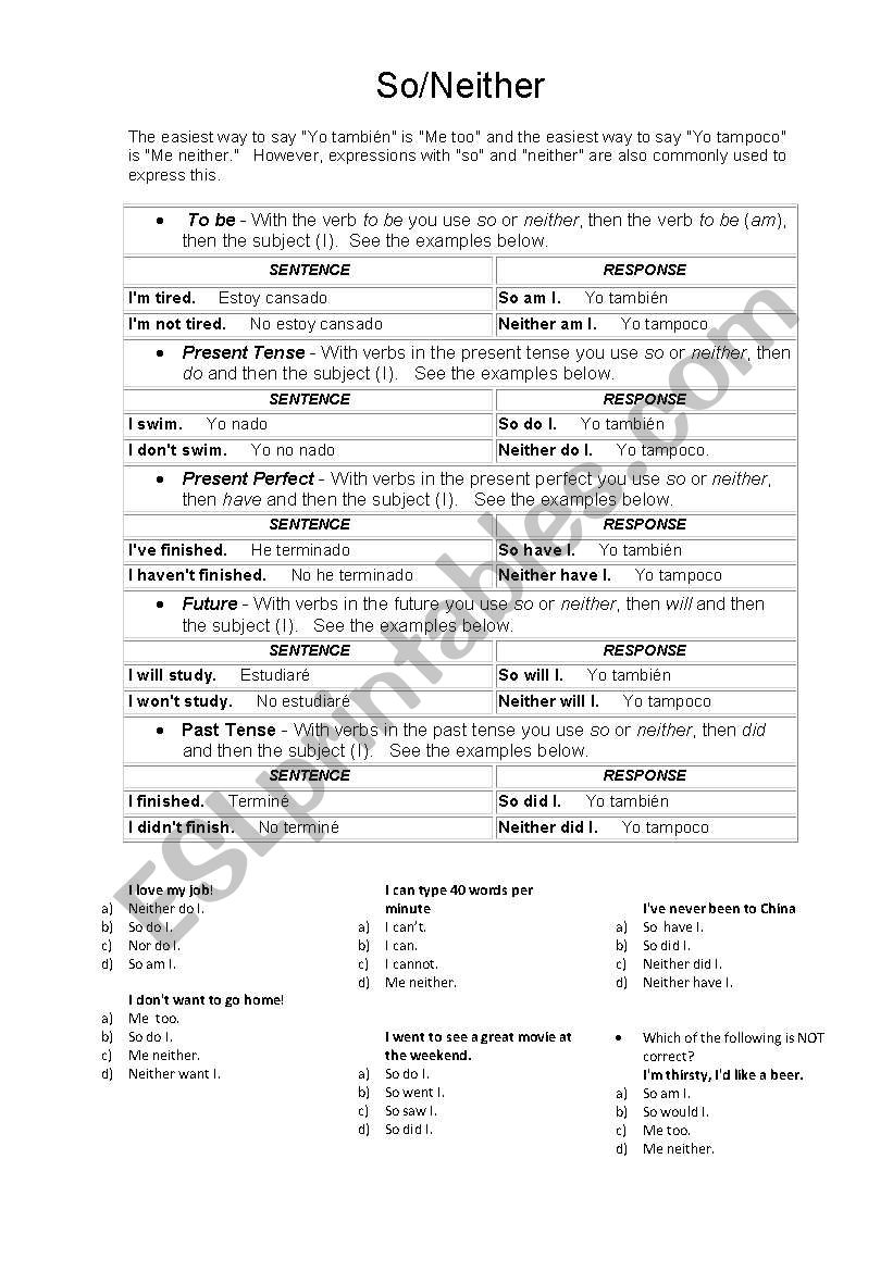 So / Neither worksheet